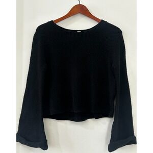 ROXY Sweater Womens XS Black Waffle Knit Sorrento Shades Flare‎ Sleeve Pullover